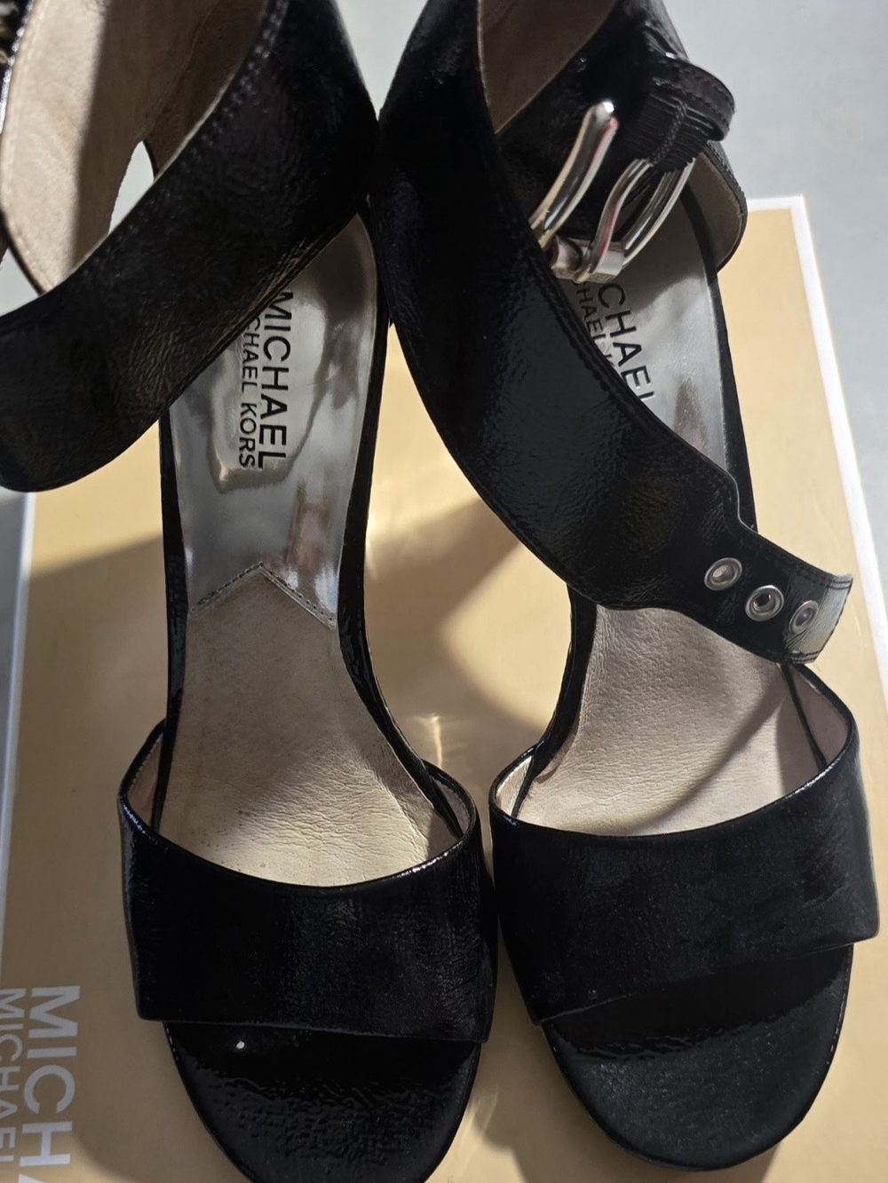Michael Kors Black Patent Leather Strappy High Heels with Ankle Buckle